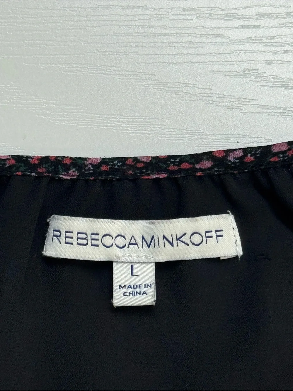 Rebecca Minkoff Women’s L Floral Blouse Black Pink Long Sleeve Sheer Neck Tie